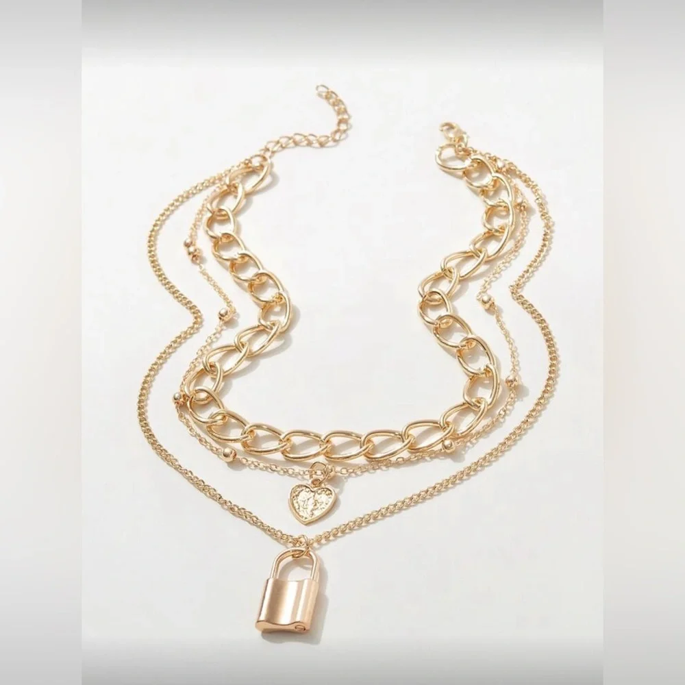 Gold Tone Lock Layered Necklace